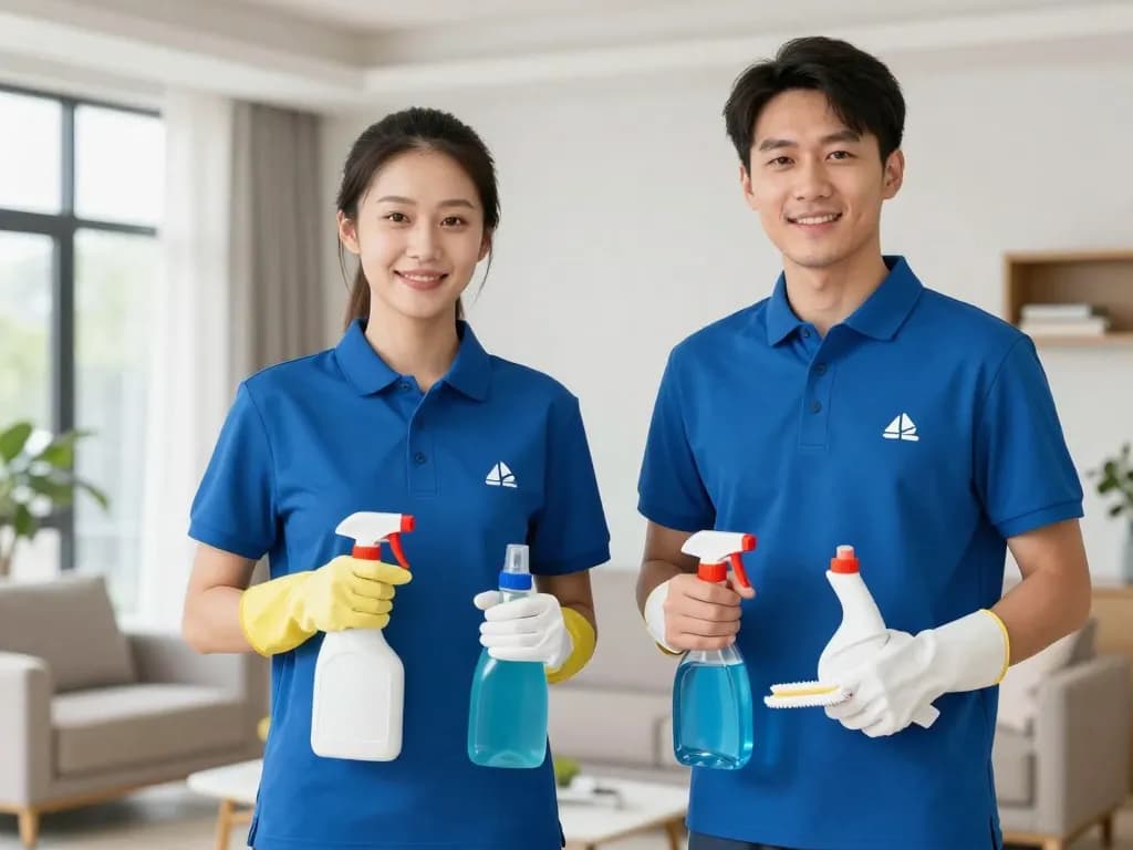 Cleaning service staff in matching branded polo uniforms holding supplies in a bright home interior