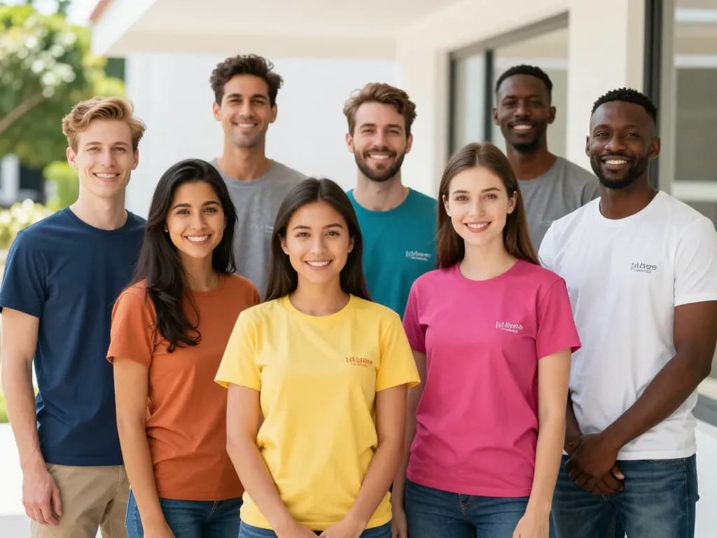 Group of employees from different businesses wearing matching company shirts with a left-chest logo