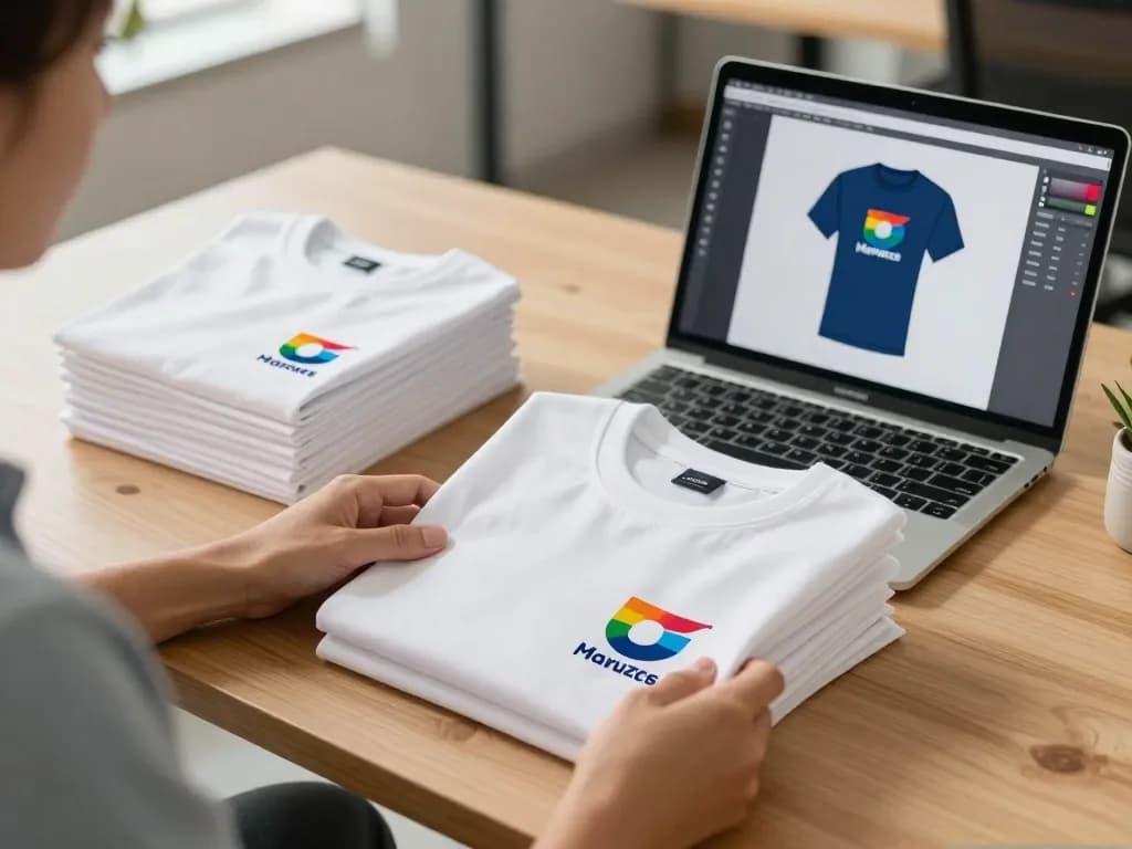 Business owner reviewing a folded stack of custom printed company tees next to a laptop showing a shirt mockup
