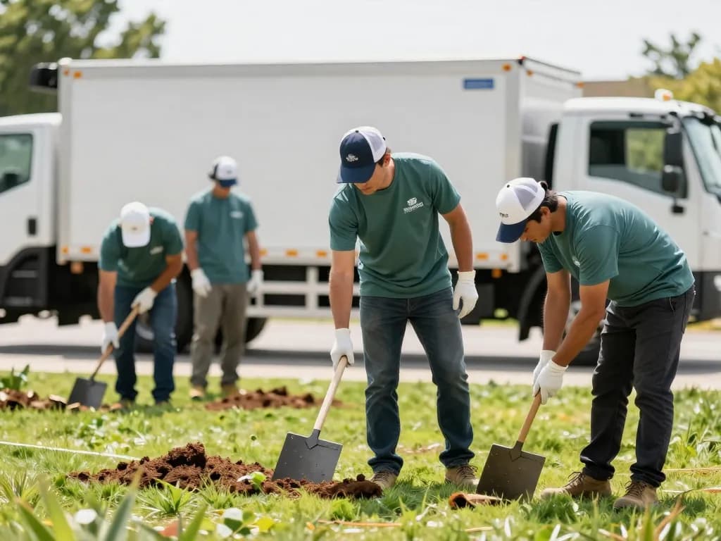 Landscaping crew in matching branded company shirts and caps working on a lawn with a work truck behind them