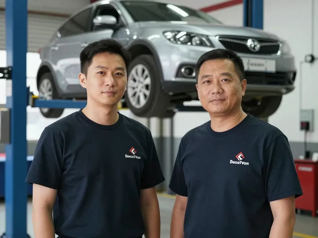 Two auto shop mechanics in matching dark branded printed shop shirts in a clean repair garage