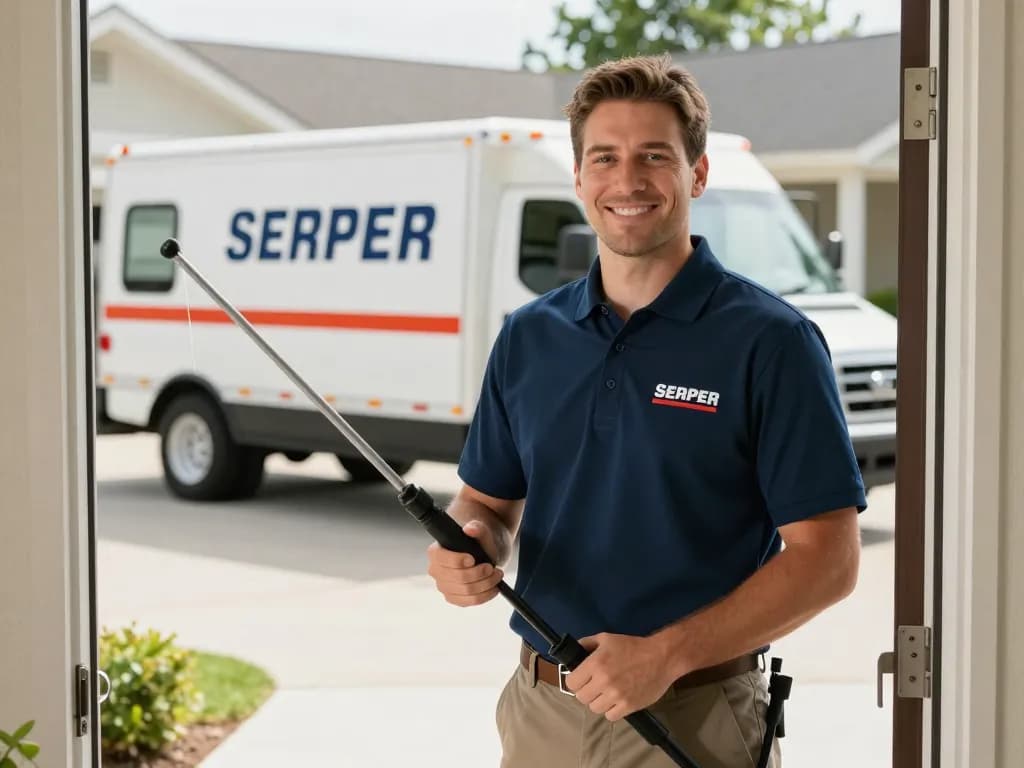 Pest control technician in a branded company polo uniform at a residential front door with a service truck behind