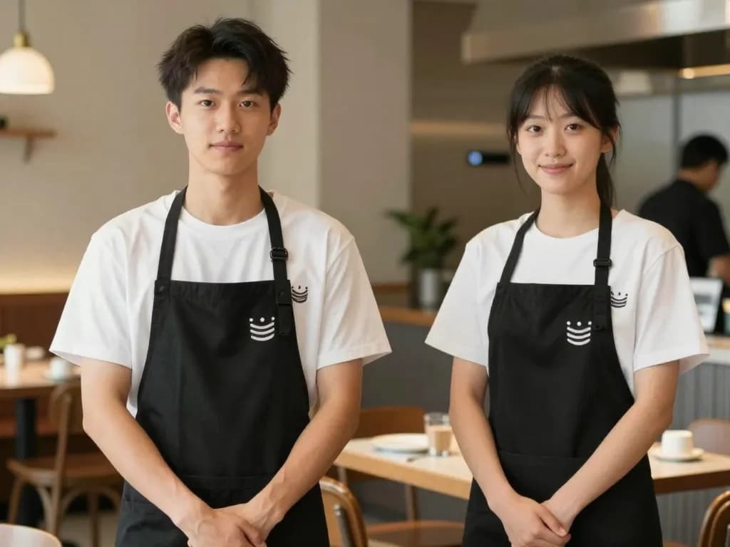 Mesero y personal de cocina de un restaurante con camisas y delantales de marca a juego en un restaurante casual