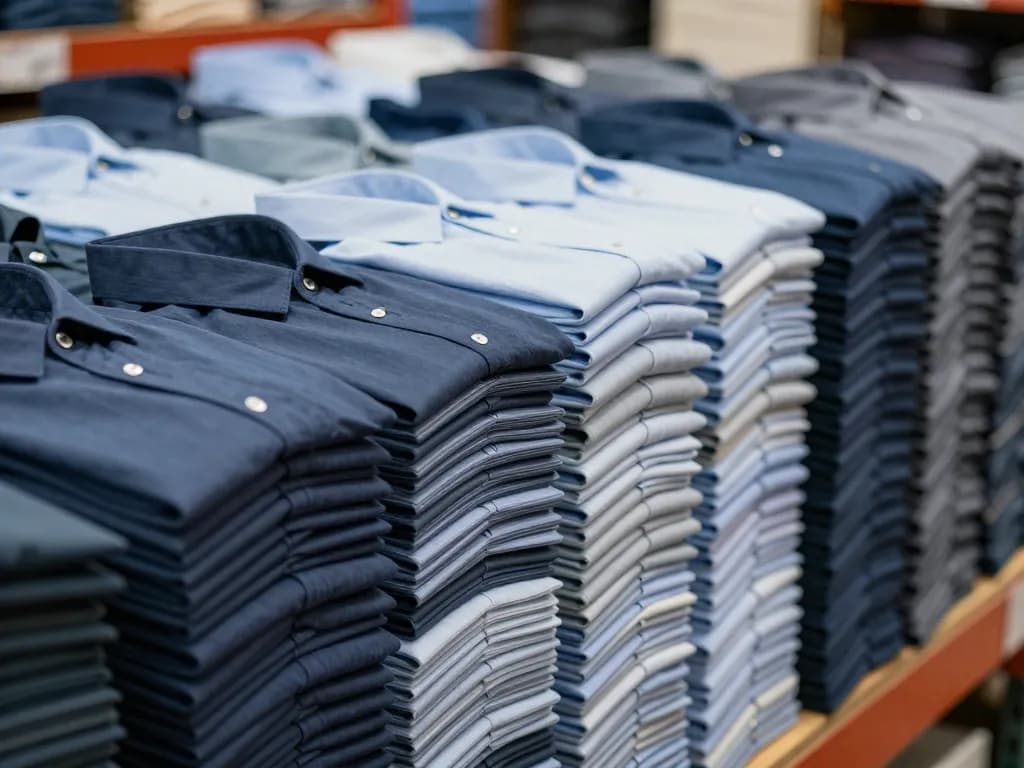 Stack of bulk custom work shirts printed for a construction company crew