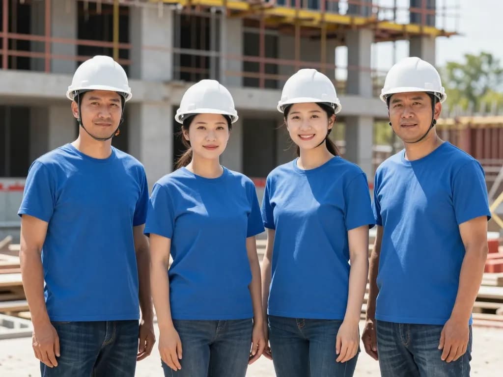 Equipo de una empresa de construcción con camisas de marca a juego en una obra