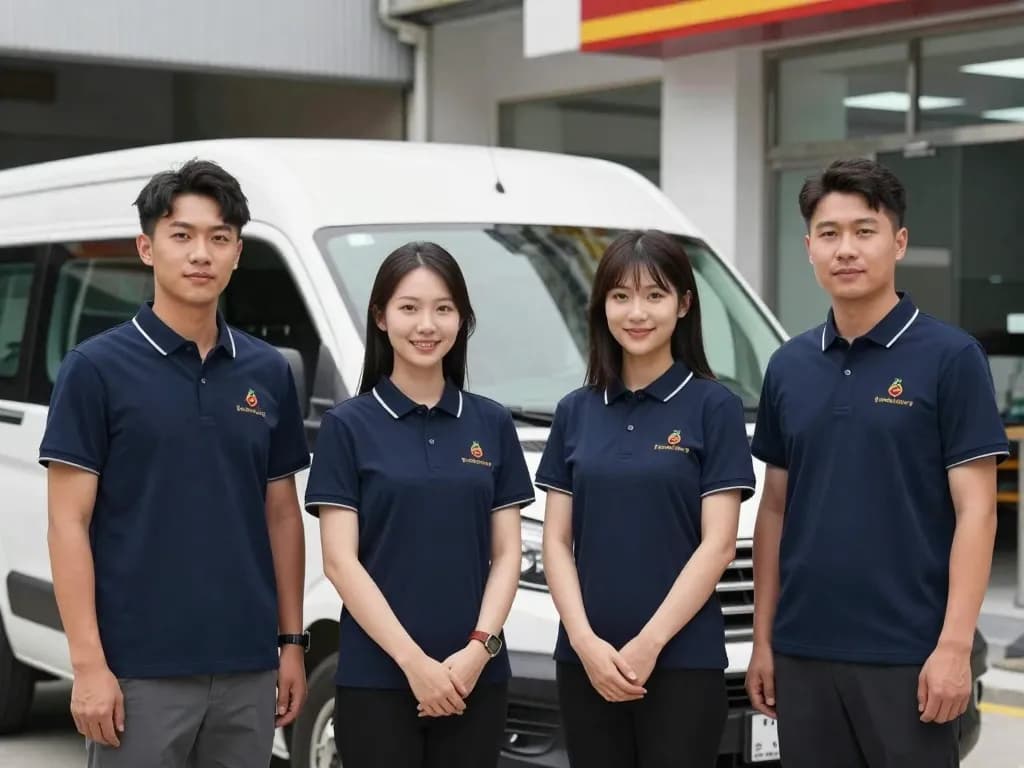 Equipo de un negocio pequeño con uniformes de polo a juego frente a una camioneta de la empresa