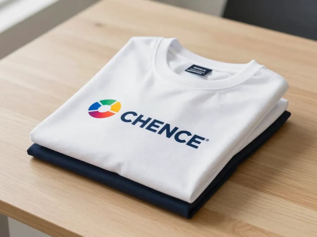 A single folded custom printed t-shirt with a company logo on a small stack of shirts